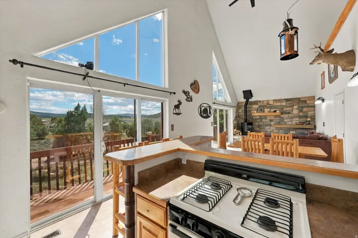 Vaulted ceiling design with triangular windows and sliding glass doors