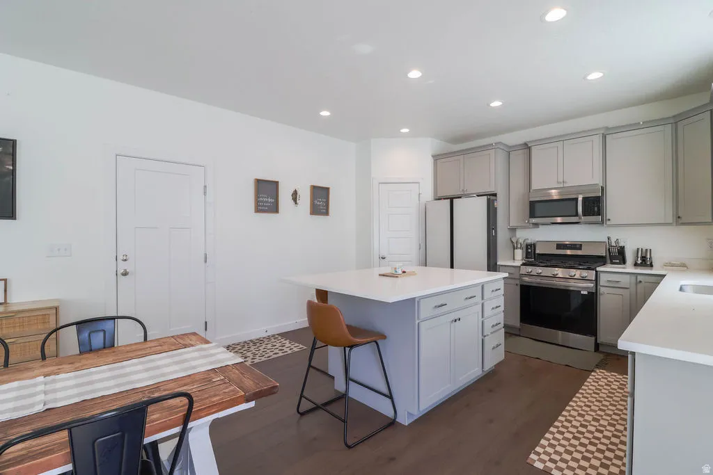 Contemporary kitchen featuring gray cabinetry, stainless steel appliances, a center island with countertop seating, and recessed lighting
