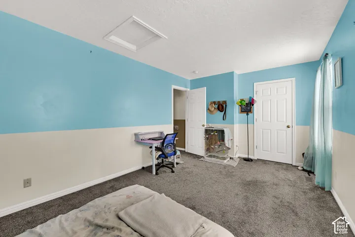 Plush grey carpeting complemented by two-tone wall paint