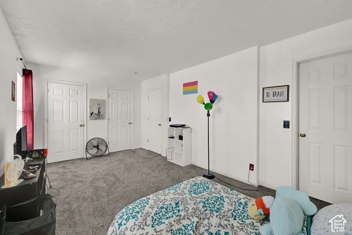 Neutral-toned carpeting, white interior doors with brass-finish hardware, and a window with vertical blinds