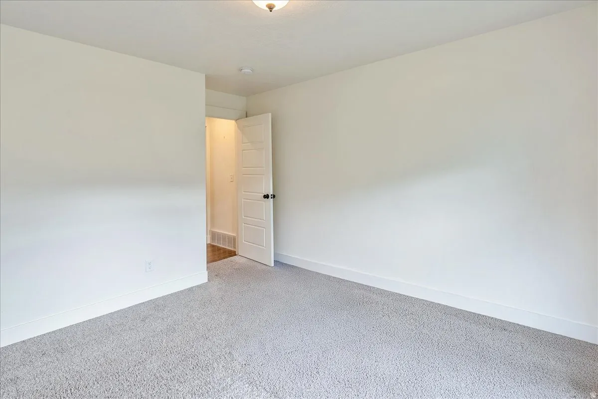 Neutral wall color, light gray carpet flooring, white trim, and a paneled interior door with dark hardware