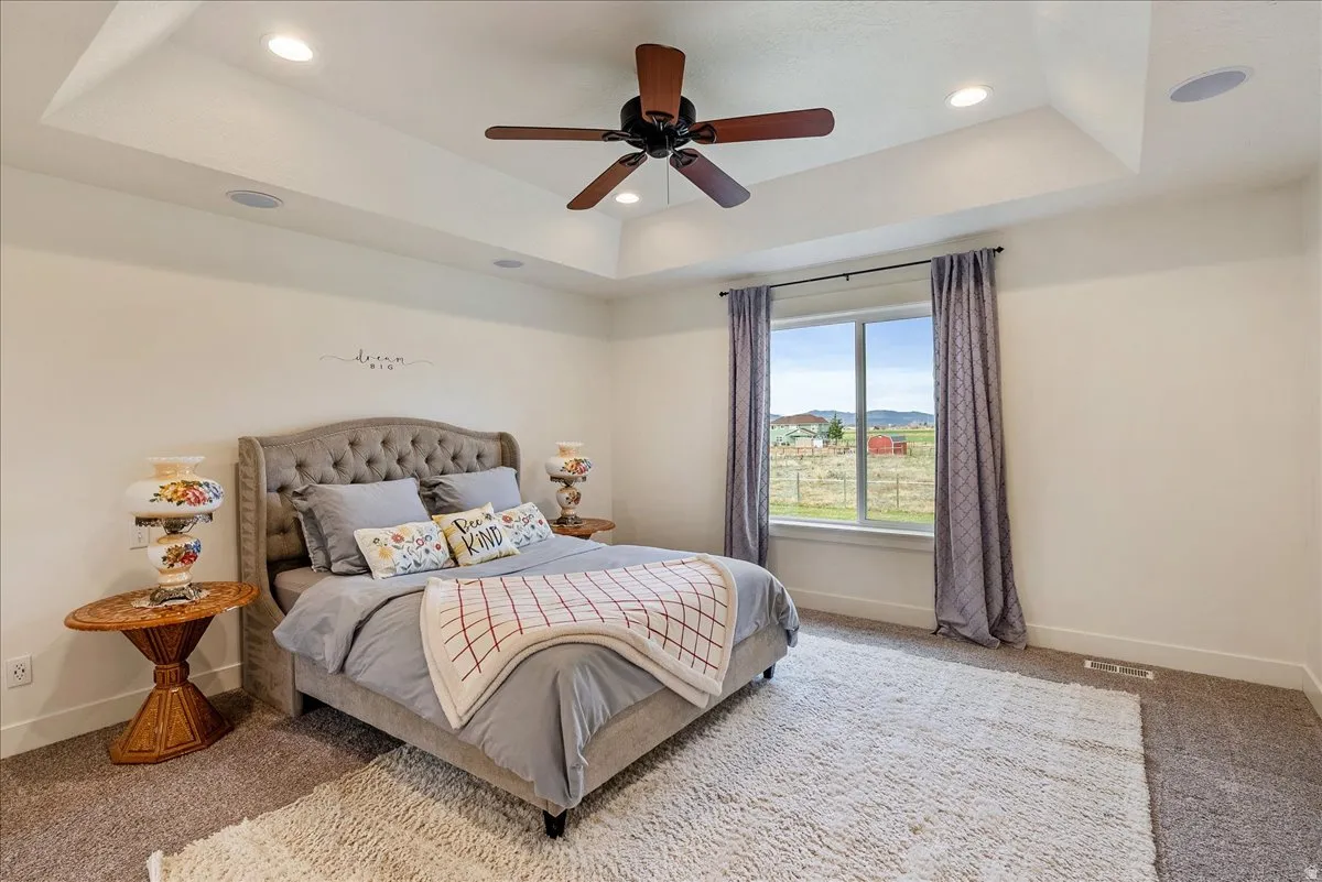 Tray ceiling with recessed lighting and a ceiling fan