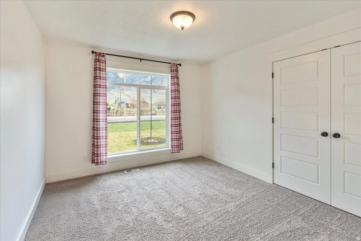 Recessed window with exterior scenery, overhead flush mount light, and double panel doors with matte black hardware