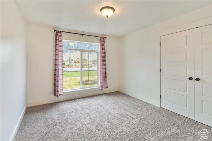 Recessed window with exterior scenery, overhead flush mount light, and double panel doors with matte black hardware