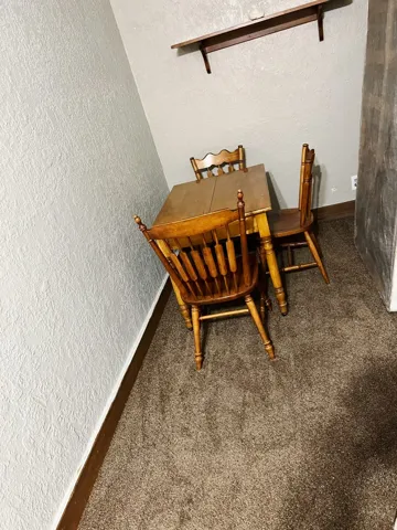 Textured wall finish, wall-mounted shelving, and carpeted flooring