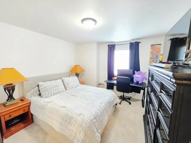 Neutral wall paint, ceiling-mounted light fixture, light-toned carpeting, window with dark drapes, and a desk area