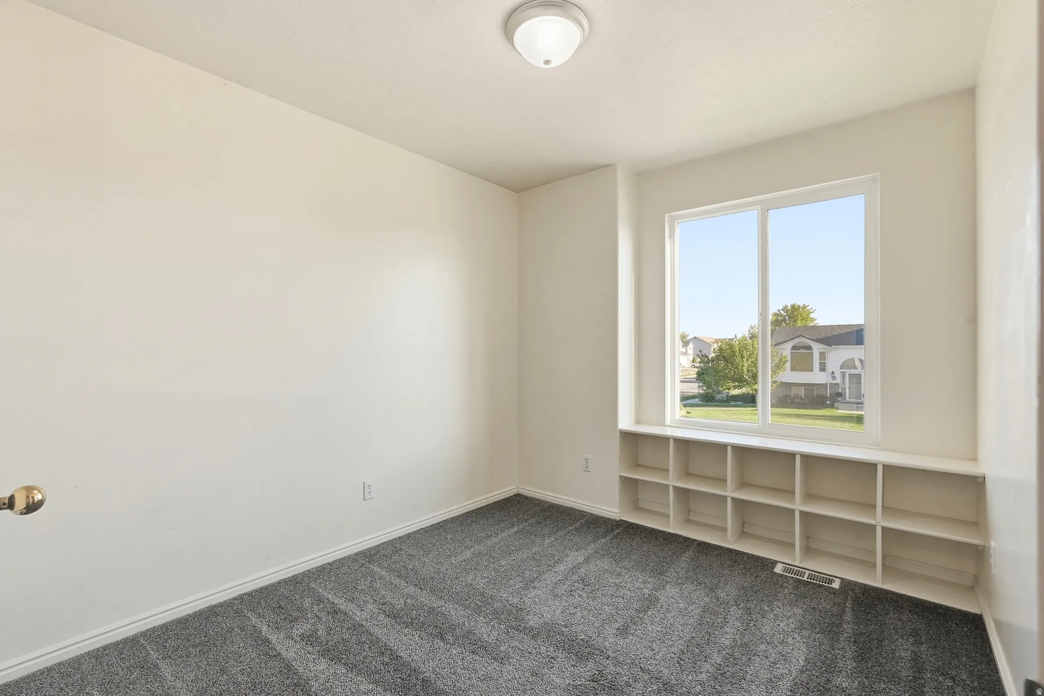 Recessed window with built-in shelving, neutral-toned walls, overhead light fixture, and textured carpeting