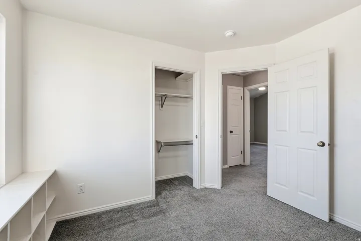 Built-in window bench with integrated shelving, plush grey carpeting, walk-in closet with shelving and hanging rods, white paneled doors, and neutral wall tones