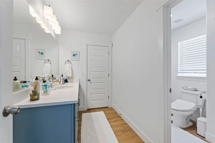Vanity with a single undermount sink, a large mirror, and a multi-bulb light fixture