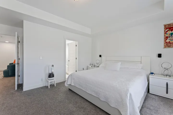 Recessed ceiling details, two panel white interior doors, and plush grey carpet flooring