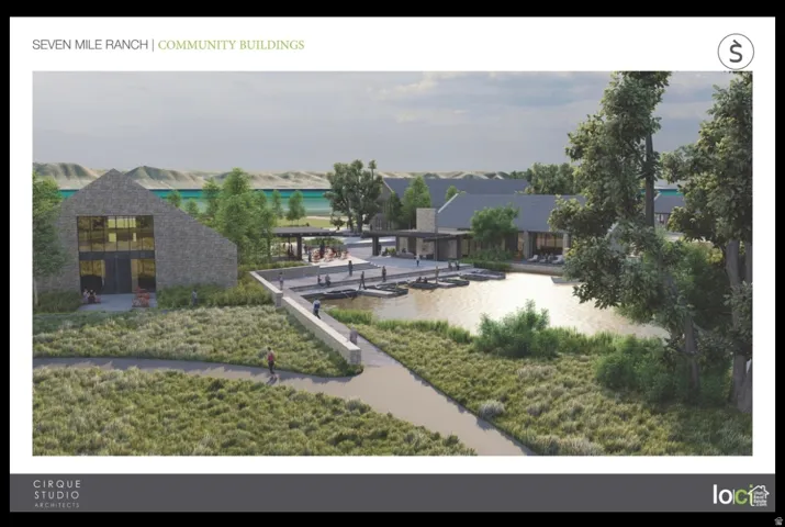Stone-clad community building with expansive glazing, a central pond, and a paved pathway system