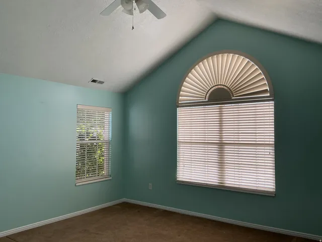 Vaulted ceiling, ceiling fan, arched window with custom blinds, additional window with horizontal blinds, carpeted flooring