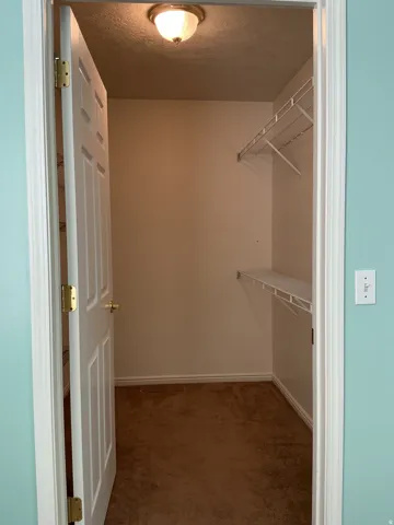 Recessed ceiling light fixture, wire shelving, light-colored walls, brown carpeting, white baseboards