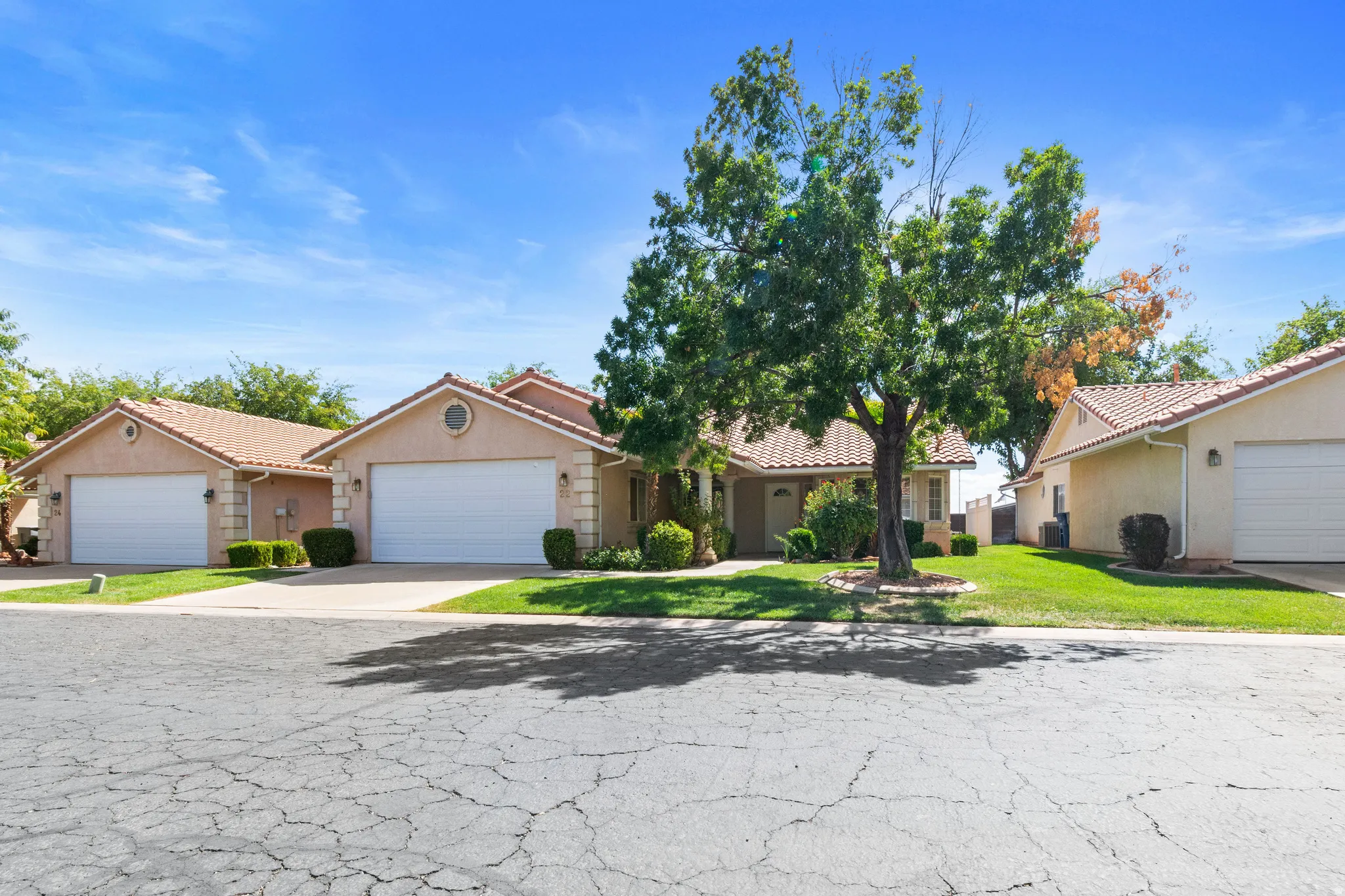 Stucco exterior with a tile roof, featuring an attached garage and a landscaped front yard with a mature tree