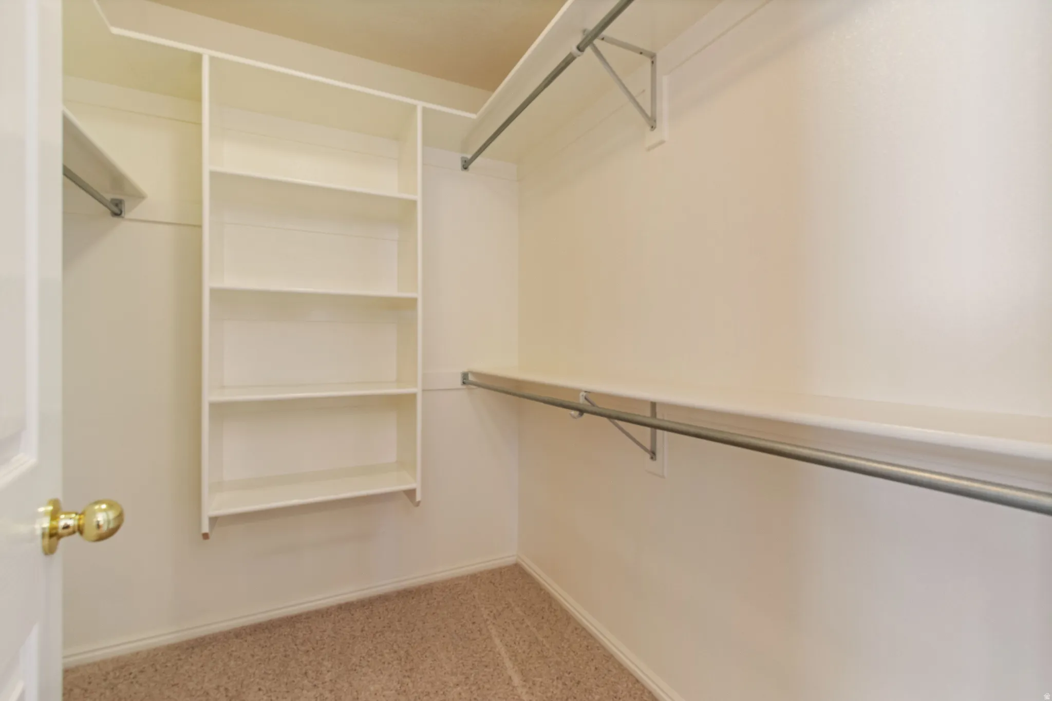 Walk-in closet featuring built-in shelving, multiple hanging rods, and neutral-toned carpeting