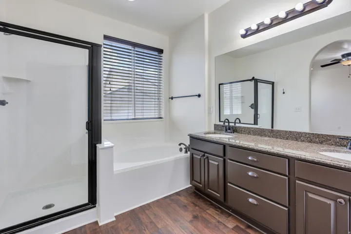 Primary bath with dual vanity, undermount sinks, and dark cabinetry, large mirror, wood-finish flooring, separate shower with dark-framed enclosure, and integrated bathtub