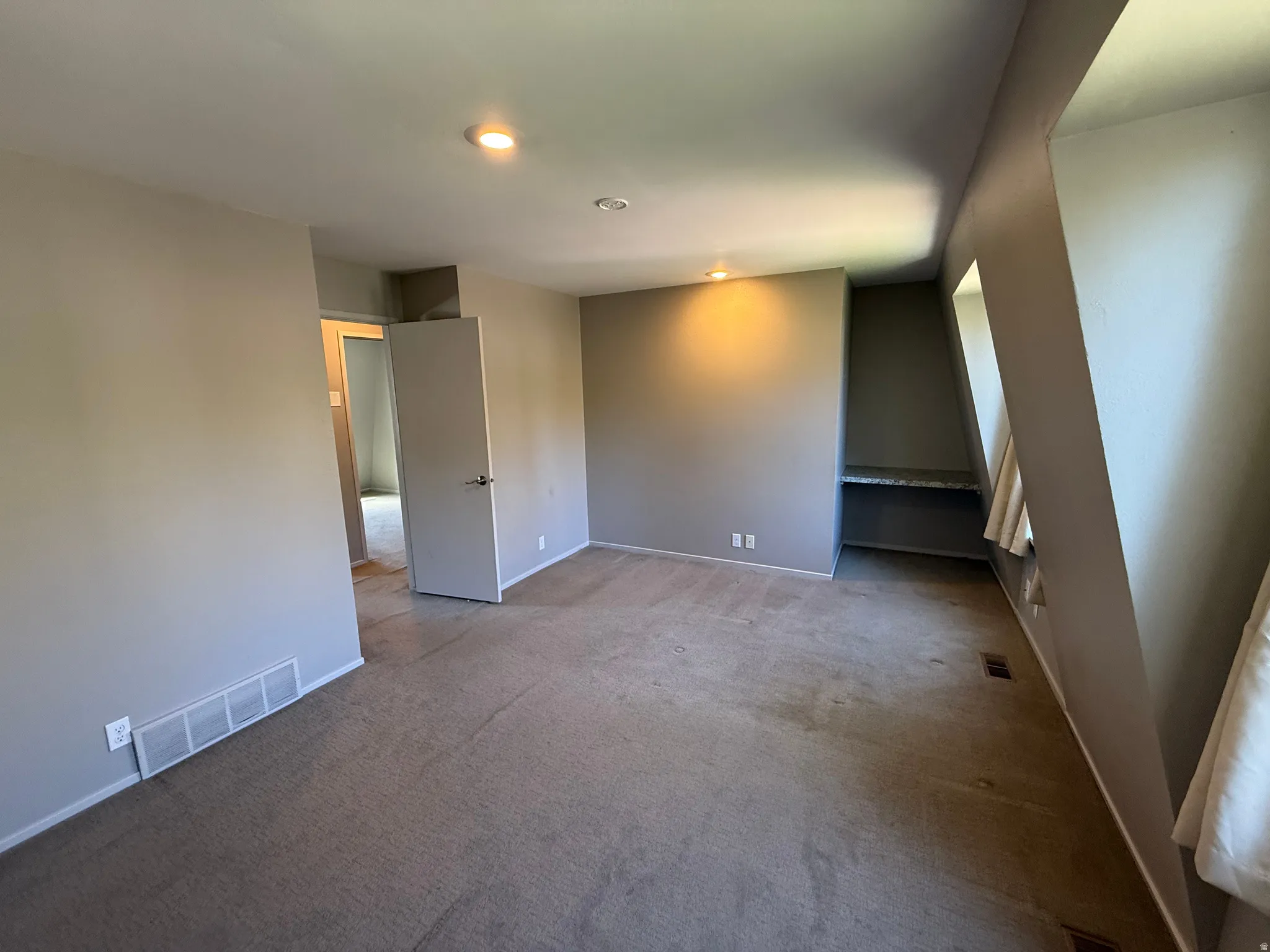Recessed lighting, built-in shelving, hard surface countertop.