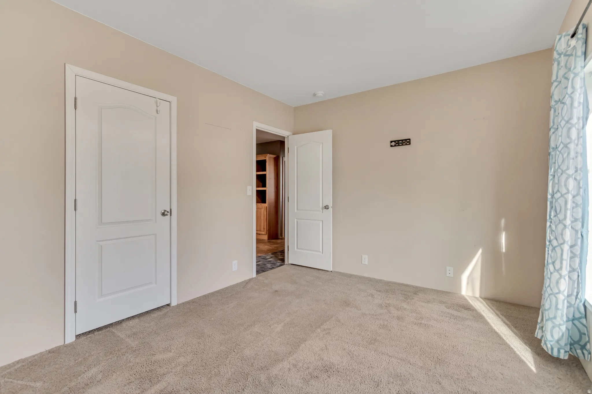 Carpeted room with neutral wall tones and white paneled doors