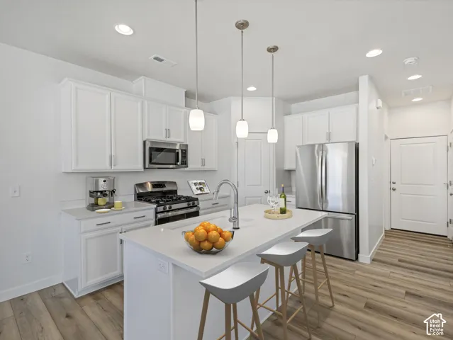 Contemporary kitchen featuring white cabinetry, stainless steel appliances, a center island with pendant lighting, recessed lighting, and wood-finish flooring