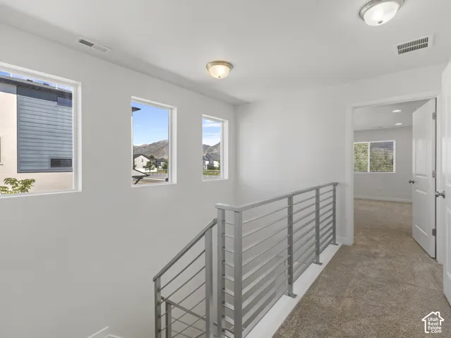 Upper-level landing featuring a contemporary metal railing, plush carpeting, and three windows showcasing mountain scenery
