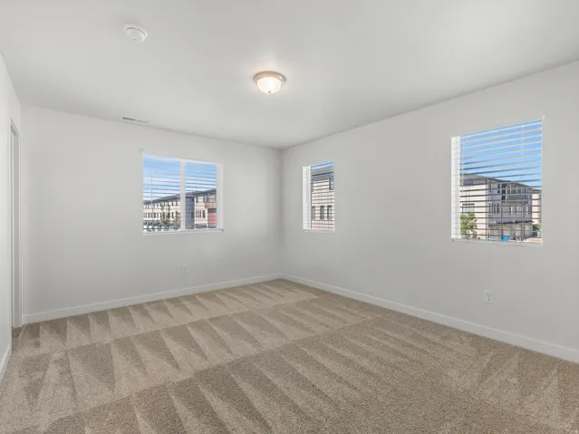 Neutral wall finishes, textured carpeting, multiple windows, and a flush-mount ceiling light