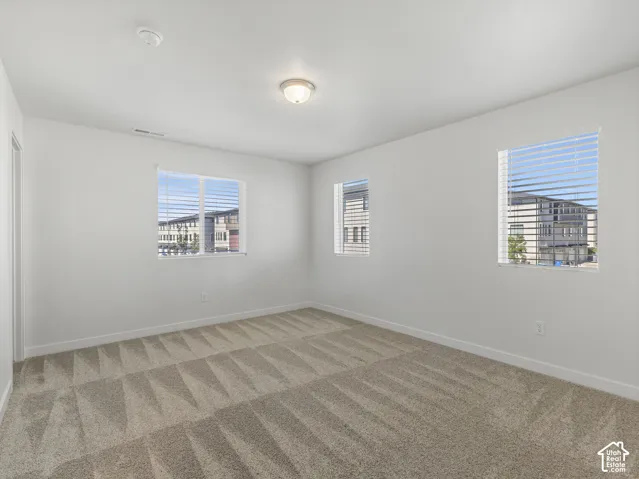 Neutral wall finishes, textured carpeting, multiple windows, and a flush-mount ceiling light
