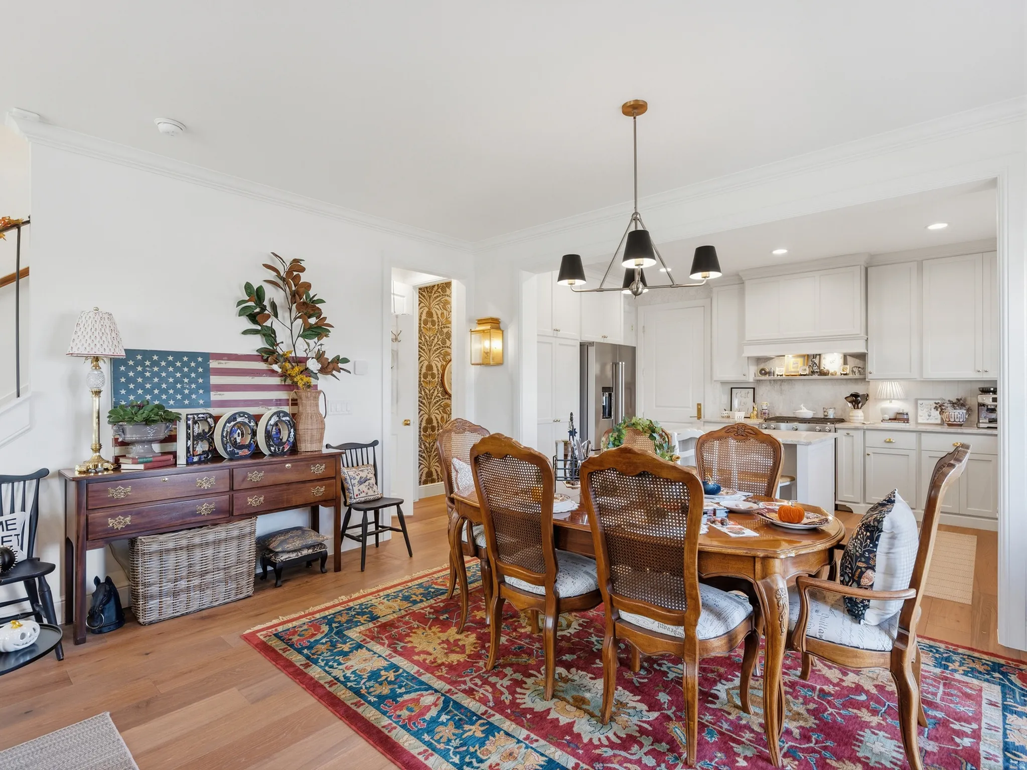 Wood-finish flooring throughout the dining area