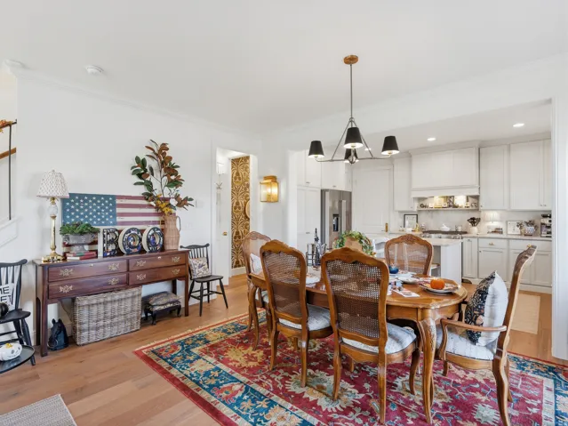 Wood-finish flooring throughout the dining area