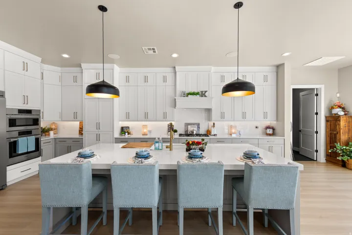 Gourmet kitchen featuring a large central island, white cabinetry, stainless steel appliances, and wood-finish flooring