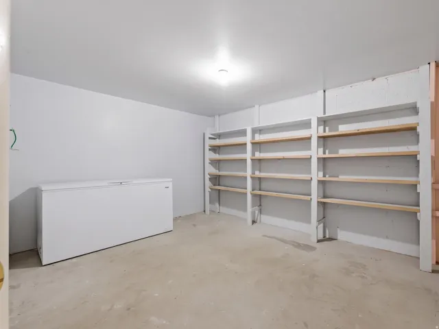 Cold storage area featuring a concrete floor, built-in shelving, and a permanent overhead light fixture