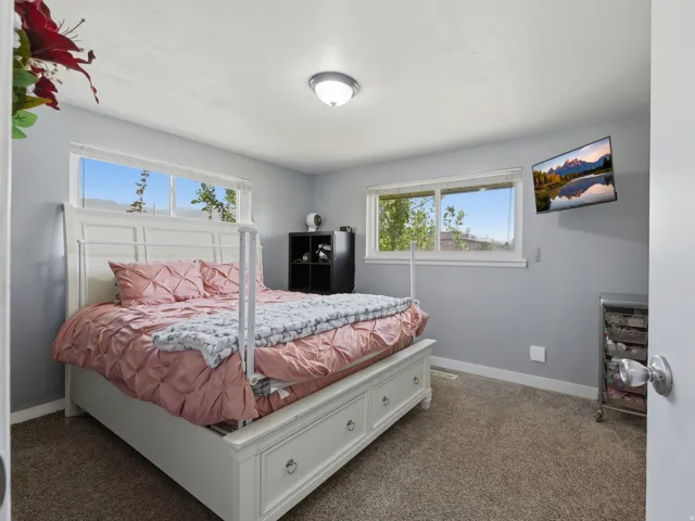 Master bedroom with light gray walls, two windows, and a flush-mount ceiling light fixture