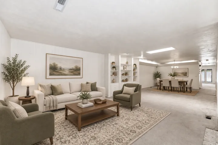 Open-concept living and dining area featuring recessed lighting, skylights, and built-in shelving
