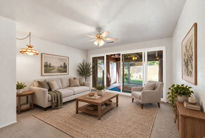 Sliding glass doors, ceiling fan, carpet flooring, suspended light fixture, and wood-paneled accent wall