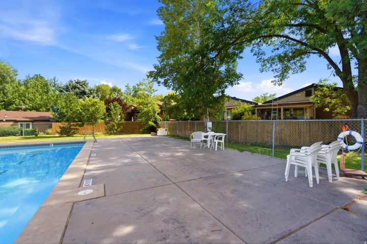 Outdoor swimming pool with concrete decking and surrounding mature trees