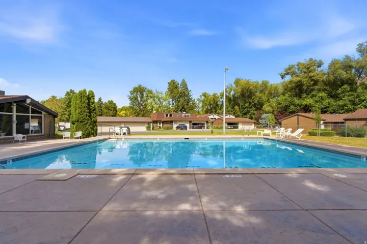 Expansive outdoor swimming pool with concrete decking, surrounded by mature trees and a clubhouse featuring large windows
