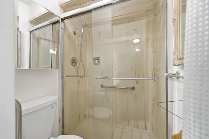 Glass-enclosed shower with a handheld showerhead, grab bars, and light-toned wall paneling