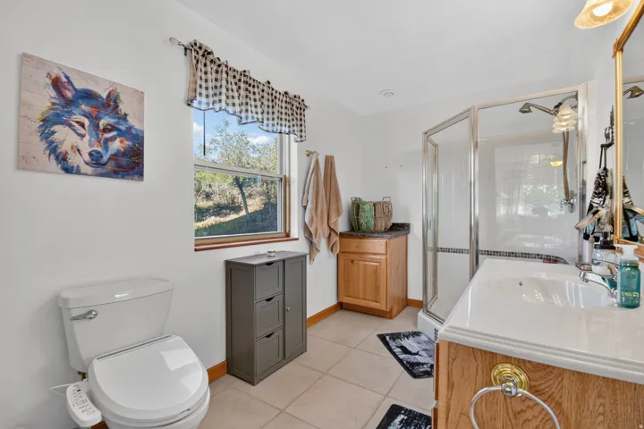 Primary en-suite with large walk-in shower and bidet toilet.