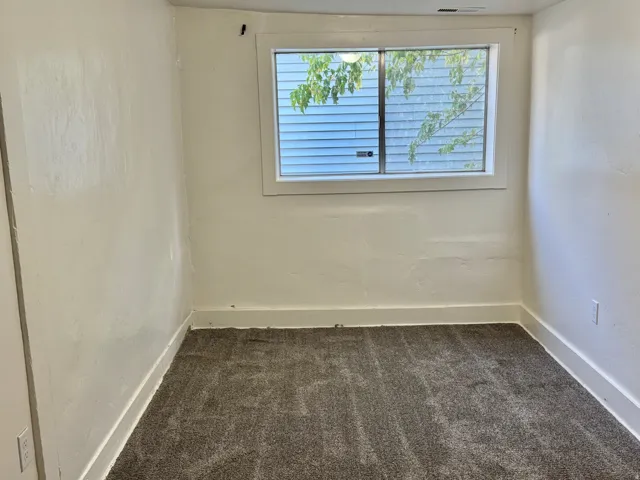 Neutral wall finishes, window with exterior siding visible, and carpeted flooring