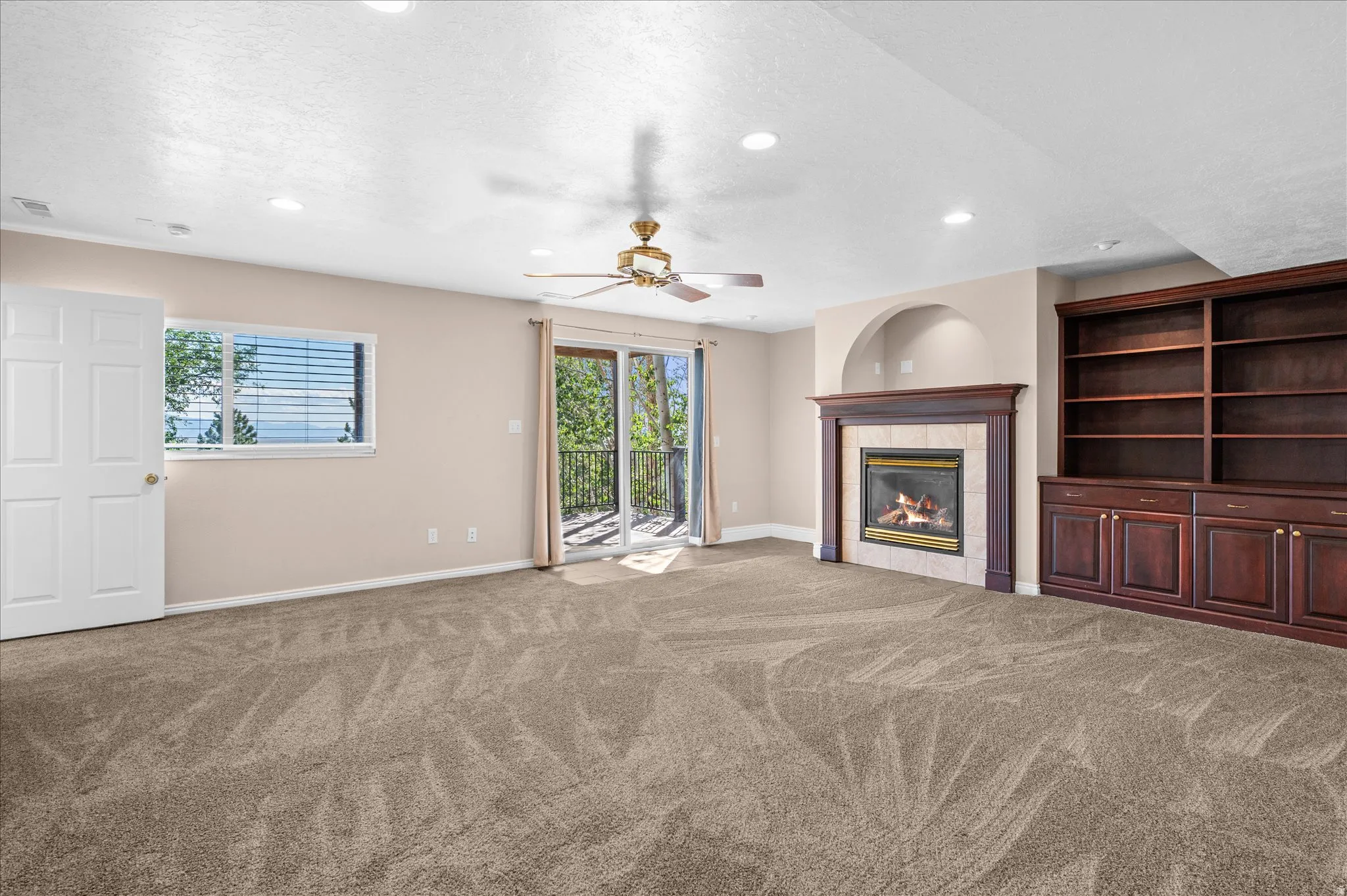 Basement Family Room w/gas fireplace, custom bookshelf and cabinets, and exit to backyard/deck.