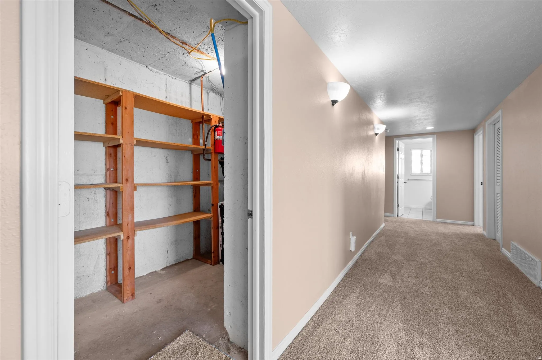 Wide basement hallway with cold storage
