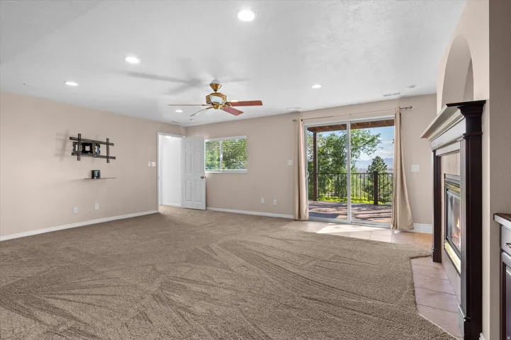 Basement Family Room w/gas fireplace, custom bookshelf and cabinets, and exit to backyard/deck.