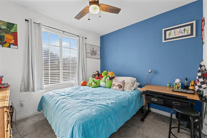 Window with blinds and drapes, wood-finish ceiling fan, and carpeted flooring