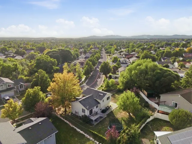 Aerial perspective showcasing a residential area with varied housing styles, established trees, and distant mountain scenery