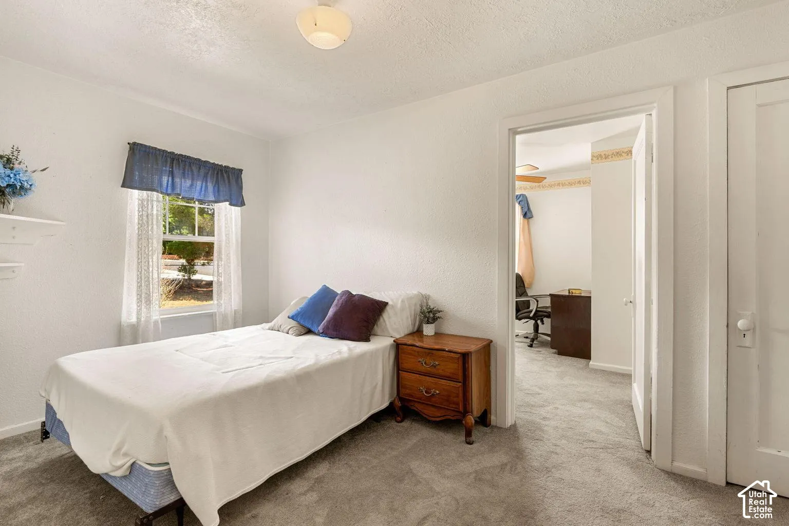 White painted walls, light gray carpet flooring, and a single window