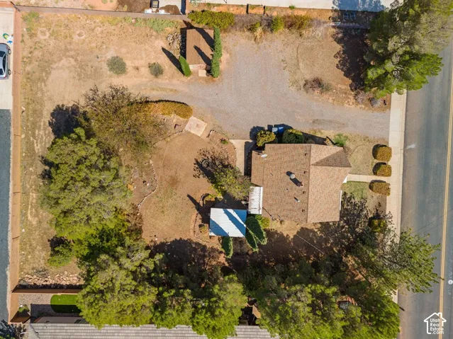 Expansive lot featuring a main residence with a gabled roof, detached accessory structure, mature trees, and a gravel driveway