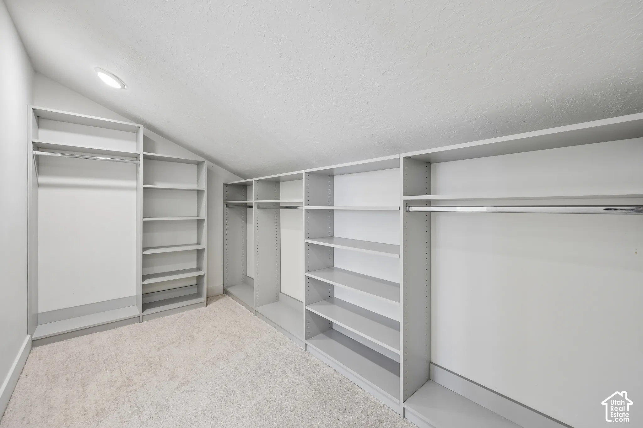 Custom built-in shelving, integrated hanging rods, recessed ceiling lighting, and soft carpet flooring