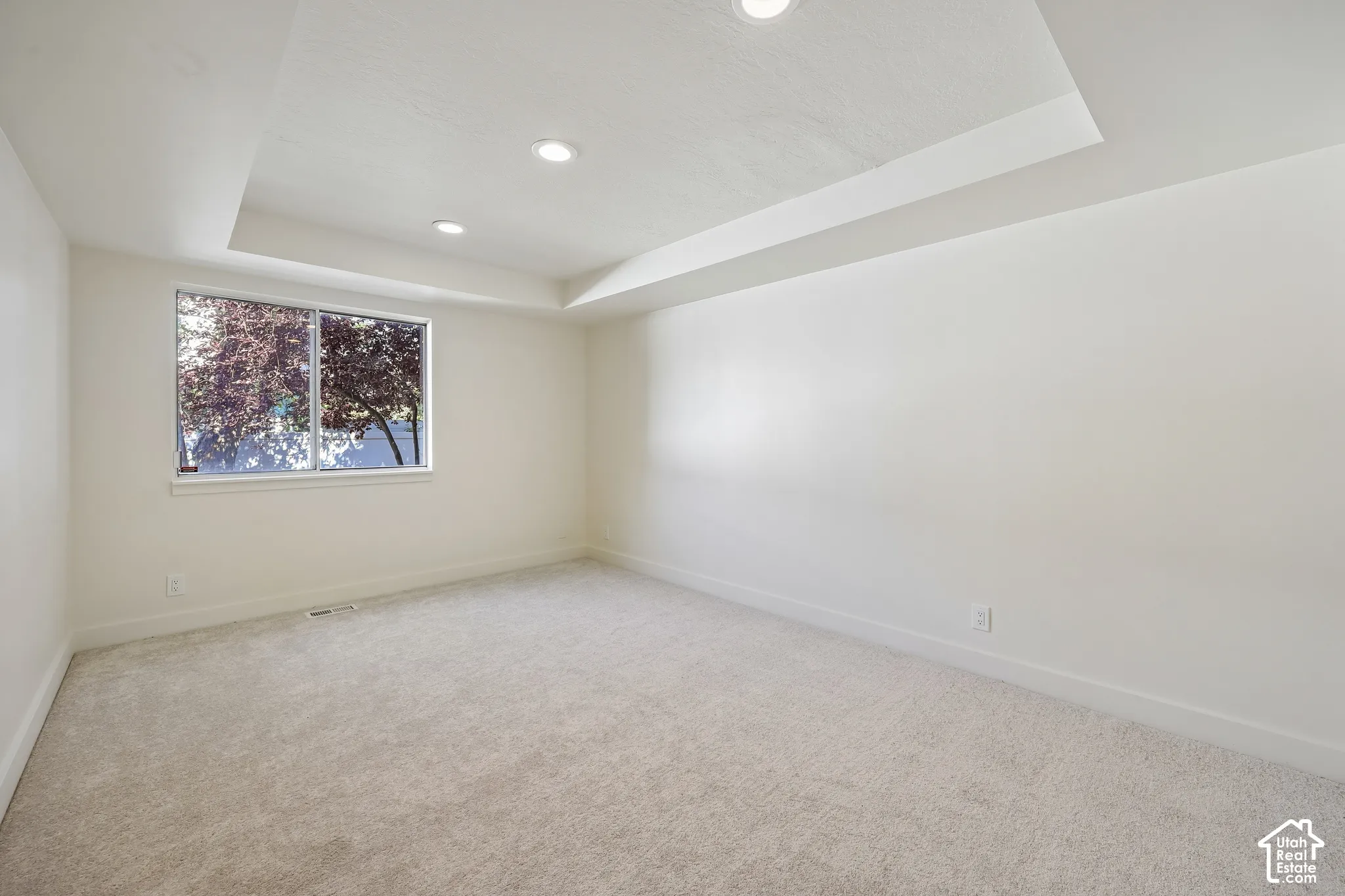 Tray ceiling with recessed lighting, light-colored carpeting, and a window with white trim