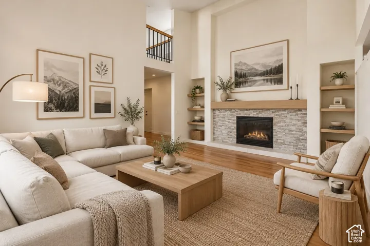 High-ceiling living area featuring a stacked stone fireplace with a natural wood mantel, built-in recessed shelving, wood-finish flooring, and a metal-railing mezzanine