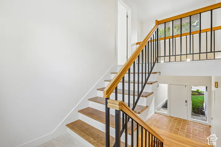 Split-level entry with wood-finish flooring on stairs