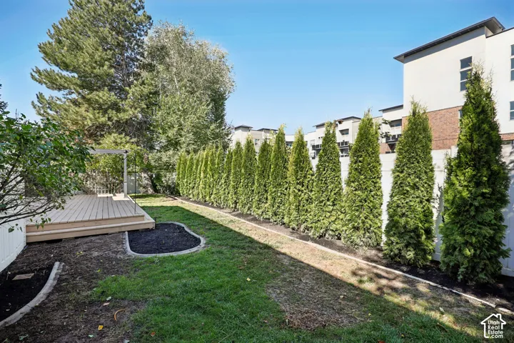 Expansive backyard featuring a wood-finish deck with steps, a pergola structure, a row of mature evergreen trees, and a manicured lawn